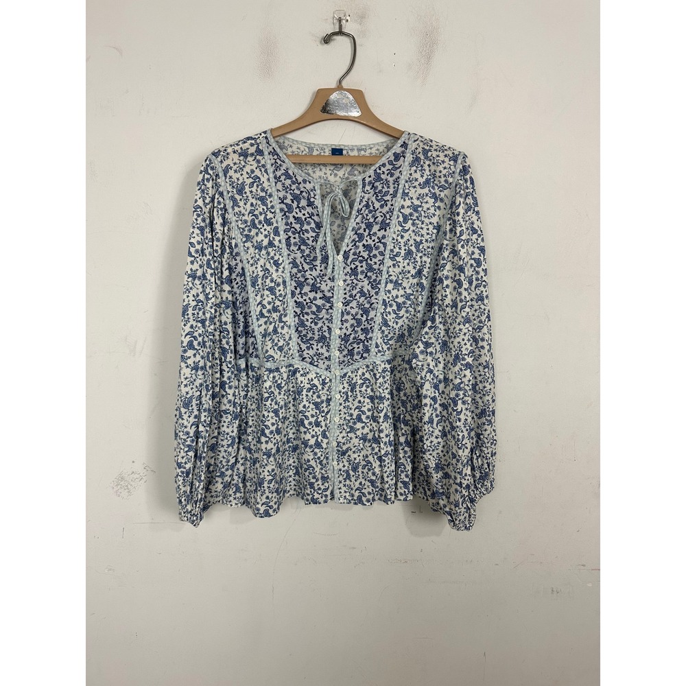 Old Navy Womens XXL Blue White Paisley Floral Button Front Tie Neck Blouse Top